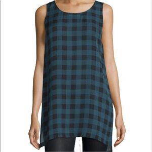 Eileen Fisher Buffalo Check Printed Silk Plaid Scoop Neck Tunic Blue Black S